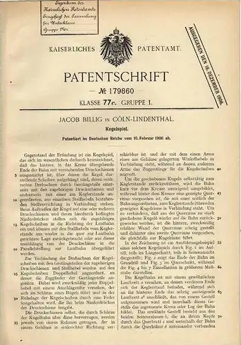 Original Patentschrift - J. Billig in Cöln - Lindenthal , 1906 , Kegel , Kegelbahn , Kegelspiel , Bowling  !!!