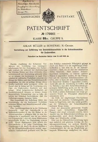 Original Patentschrift - A. Müller in Hohenau , 1905 , Desinfektionsapparat für Zuckerrüben Schneidmaschine !!!