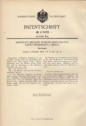 Original Patentschrift - Arronge`s Berliner Wäsche Manufactur , A.Heidemann in Berlin ,1900 , Vorhemd , Hemd !!!
