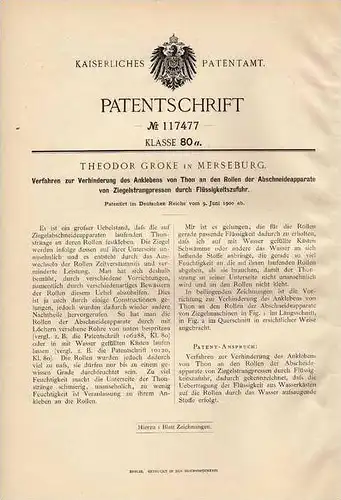 Original Patentschrift -  Th. Groke in Merseburg , 1900 , Ziegelstrangpressen , Ziegelei , Ziegel !!!