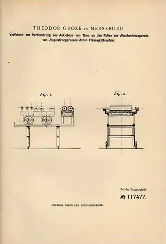 Original Patentschrift -  Th. Groke in Merseburg , 1900 , Ziegelstrangpressen , Ziegelei , Ziegel !!!