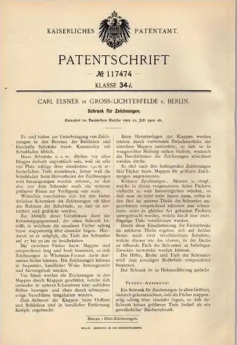 Original Patentschrift - C. Elsner in Gross - Lichterfelde b. Berlin , 1900, Schrank für Zeichnungen , Architektur !!!