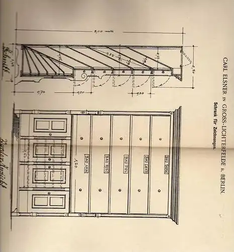 Original Patentschrift - C. Elsner in Gross - Lichterfelde b. Berlin , 1900, Schrank für Zeichnungen , Architektur !!!