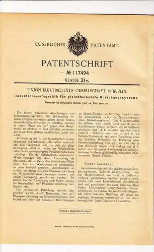 Original Patentschrift - Union Electricitäts-Gesellschaft in Berlin ,1900, Inductionsmeßgerät , Elektrik !!!