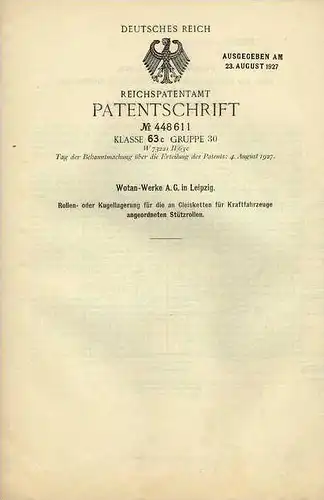 Original Patentschrift - Wotan Werke AG in Leipzig , 1926 , Kettenfahrzeug , Lagerung , Kette , Sdkfz !!!