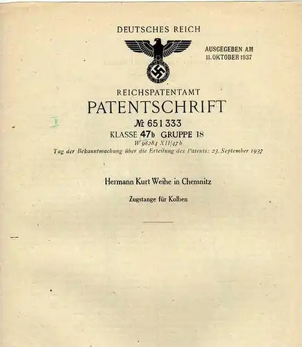 Original Patentschrift - H.C. Weihe in Chemnitz , Zugstange für Kolben , 1936 , Automobile !!!