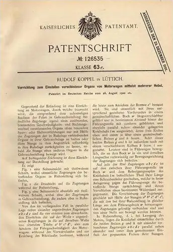 Original Patentschrift - Rudolf Koppel in Lüttich , 1900 , Hebeleinstellung für Motorwagen , Automobile !!!