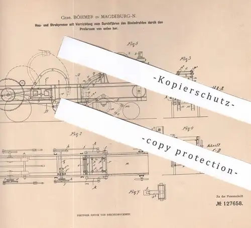 original Patent - Gebrüder Böhmer , Magdeburg 1899 , Heupresse , Strohpresse | Heu , Stroh , Presse , Pressen , Getreide