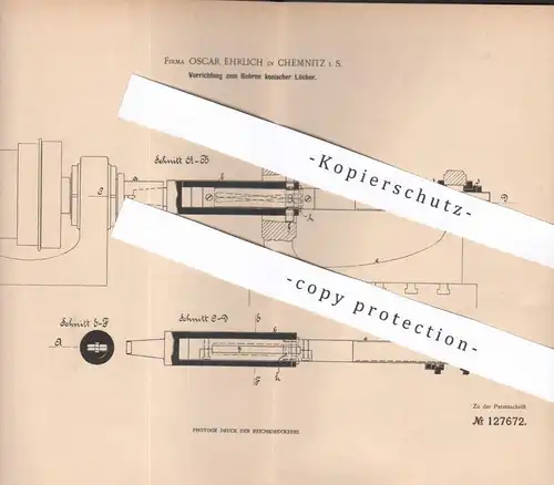 original Patent - Oscar Ehrlich , Chemnitz , 1901 , Bohren konischer Löcher | Bohrer | Bohrmaschine