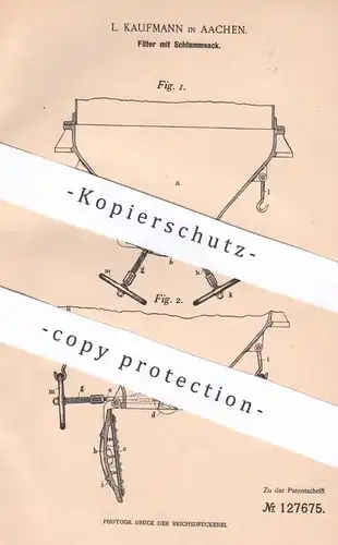 original Patent - L. Kaufmann , Aachen , 1900 , Filter mit Schlammsack | Filtrieren | Filtern | Pumpe , Pumpen