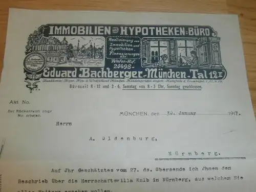 Dokument Immobilien , 1917 , Eduard Bachberger in München ,A. Oldenburg , Villa Kalb in Nürnberg , Reklame / Werbung !!!