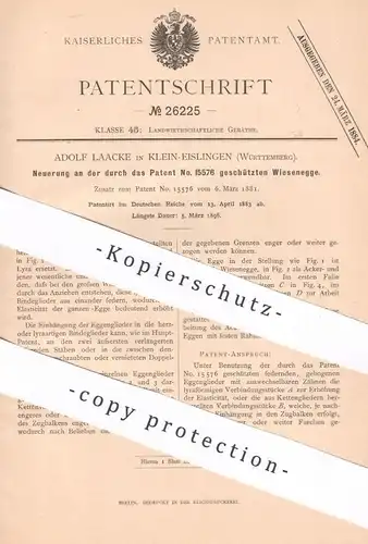original Patent - Adolf Laacke , Klein Eislingen / Württemberg | 1883 | Wiesenegge | Egge | Eggen | Landwirtschaft !!
