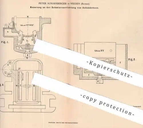 original Patent - Peter Scharnberger , Weiden / Bayern , 1881 , Schmiervorrichtung von Achsbüchsen | Achse , Eisenbahn