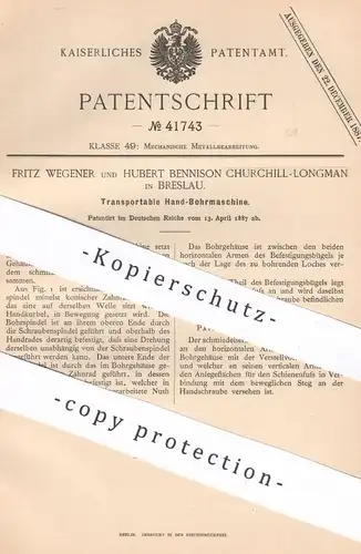 original Patent - Fritz Wegener & Hubert Bennison Churchill Longman , Breslau | 1887 | Hand - Bohrmaschine | Bohrer !!