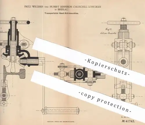 original Patent - Fritz Wegener & Hubert Bennison Churchill Longman , Breslau | 1887 | Hand - Bohrmaschine | Bohrer !!