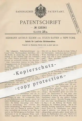 original Patent - Hermann Arthur Klemm , Julius Kayser , New York , USA , 1900 , Schloss für Lamb'sche Strickmaschinen