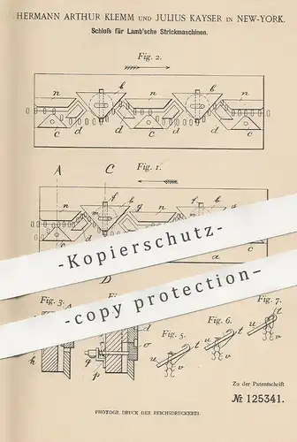 original Patent - Hermann Arthur Klemm , Julius Kayser , New York , USA , 1900 , Schloss für Lamb'sche Strickmaschinen