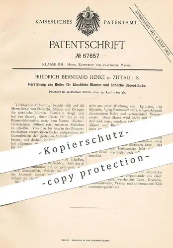 original Patent - Friedrich Bernhard Henke , Zittau , 1892 , Bielen für künstliche Blumen | Stengel , Stiel , Kunstblume