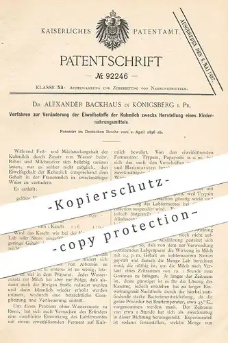 original Patent - Dr. Alexander Backhaus , Königsberg / Preussen , 1896 , Kindernahrungsmittel mit Eiweiß der Kuhmilch