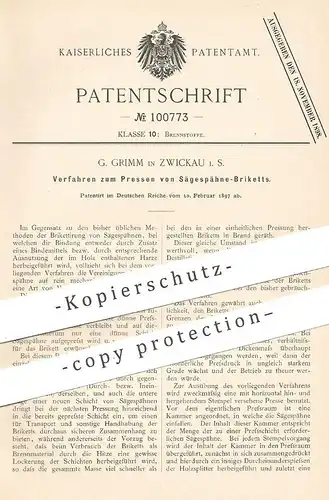 original Patent - G. Grimm , Zwickau , 1897 , Pressen von Sägespäne - Briketts | Brikett , Kohle , Koks , Brennstoff !