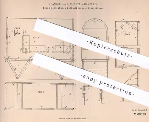 original Patent - J. Sander , A. Philippi , Hamburg 1892 | Zusammenlegbares Zelt | Zelte , Camping , Militär , Reisezelt