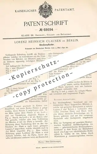 original Patent - Lorenz Heinrich Clausen , Berlin , 1892 , Straßenpflaster | Stein , Bitumen , Eisen , Straßenbau !!!