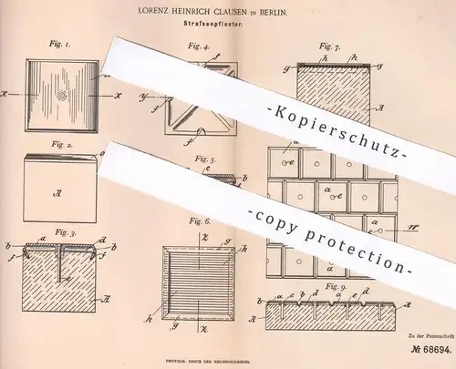 original Patent - Lorenz Heinrich Clausen , Berlin , 1892 , Straßenpflaster | Stein , Bitumen , Eisen , Straßenbau !!!