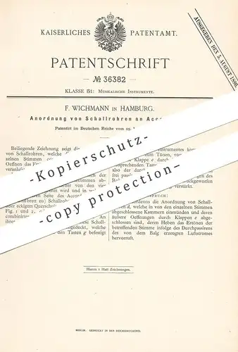original Patent - F. Wichmann , Hamburg , 1886 , Anordnung von Schallrohren am Akkordeon | Musikinstrument | Musik !!!