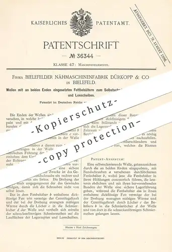 original Patent - Bielefelder Nähmaschinenfabrik Dürkopp & Co. Bielefeld , 1885 , selbstschmierende Welle | Nähmaschine