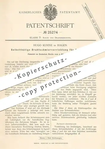 original Patent - Hugo Kuhne , Hagen , 1883 , Drahtschmiervorrichtung für Drahtzug | Schmieröl , Öl , Fett | Draht !!!