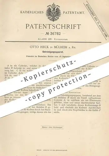 original Patent - Otto Rieck , Mülheim / Ruhr , 1885 , Apparat zur Ölreinigung | Öl , Fett , Schmieröl | Motorenöl !!!