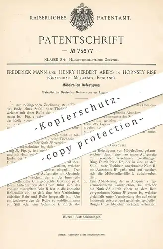 original Patent - Frederick Mann , Henry Herbert Akers , Hornsey Rise , Middlesex England , 1893 , Möbelrolle | Möbel