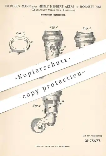 original Patent - Frederick Mann , Henry Herbert Akers , Hornsey Rise , Middlesex England , 1893 , Möbelrolle | Möbel