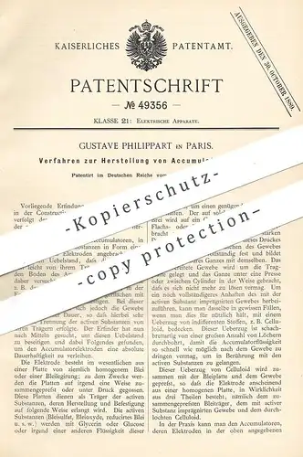 original Patent - Gustave Philippart , Paris , Frankreich , 1889 , Herstellung von Akkumulator - Platten | Akku , Strom