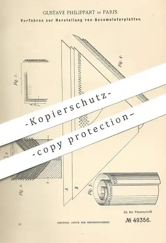 original Patent - Gustave Philippart , Paris , Frankreich , 1889 , Herstellung von Akkumulator - Platten | Akku , Strom