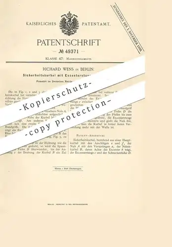 original Patent - Richard Wens , Berlin 1889 , Sicherheitskurbel mit Exzenterstangen Sperrung | Kurbel , Maschinenkurbel