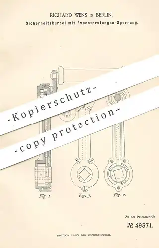 original Patent - Richard Wens , Berlin 1889 , Sicherheitskurbel mit Exzenterstangen Sperrung | Kurbel , Maschinenkurbel