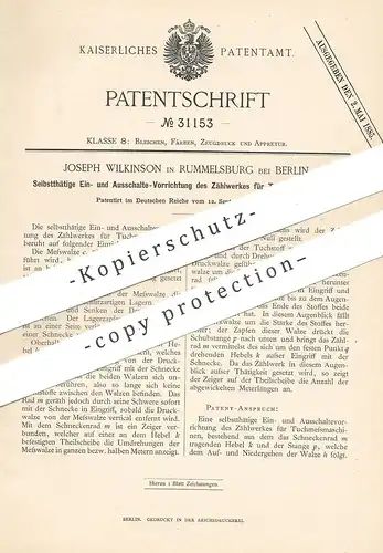 original Patent - Joseph Wilkinson , Berlin / Rummelsburg , 1884 , Zählwerk - Schaltung an Tuch - Messmaschine | Walze