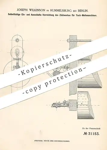 original Patent - Joseph Wilkinson , Berlin / Rummelsburg , 1884 , Zählwerk - Schaltung an Tuch - Messmaschine | Walze