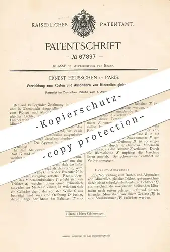 original Patent - Ernest Heusschen , Paris Frankreich , 1892 , Rösten u. Absondern von Mineralien gleicher Dichte | Erz