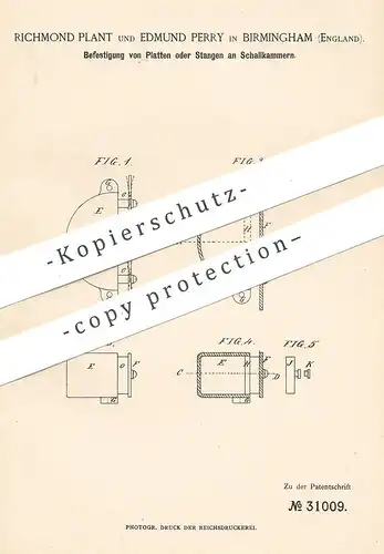 original Patent - Richmond Plant , Edmund Perry , Birmingham , England , 1884 , Schallkammer am Musikinstrument | Musik