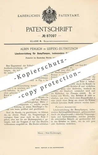 original Patent - Albin Perlich , Leipzig / Eutritzsch , 1895 , Löschvorrichtung für Dampflampen , Spiritus - Glühlampen