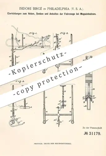 original Patent - Isidore Birgé , Philadelphia , USA , 1884 , Anhalten der Fahrzeuge bei Magazinbahnen | Eisenbahn !!!