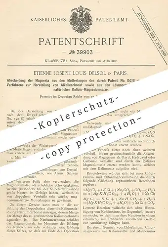 original Patent - Etienne Joseph Louis Delsol , Paris , Frankreich , 1886 , Abscheidung von Magnesia | Magnesium | Engel