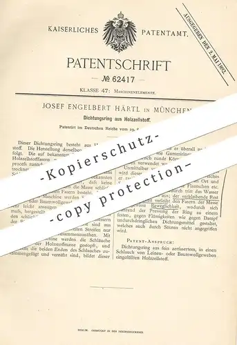 original Patent - Josef Engelbert Härtl , München , 1891 , Dichtungsring aus Holzzellstoff | Dichtung , Holz , Leinen !