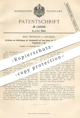 original Patent - Max Wermann , Dresden , Befestigung der Gelatinetafel an Schauöffnung von Tüten , Karton , Schachtel