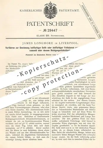 original Patent - James Longmore , Liverpool , England , 1883 , Gewinnung von Seife o. Fett aus rohem Baumwollsamenöl !!