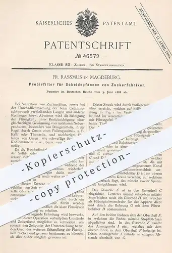 original Patent - Fr. Rassmus , Magdeburg , 1888 , Filter für Scheidepfannen der Zuckerfabrik | Zucker , Stärke , Lauge