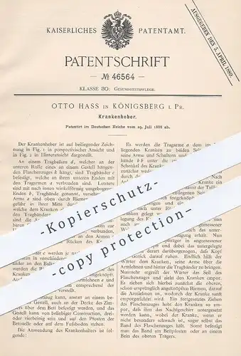 original Patent - Otto Hass , Königsberg / Preußen  1888 , Krankenheber | Aufzug für Krankenbett | Flaschenzug , Medizin