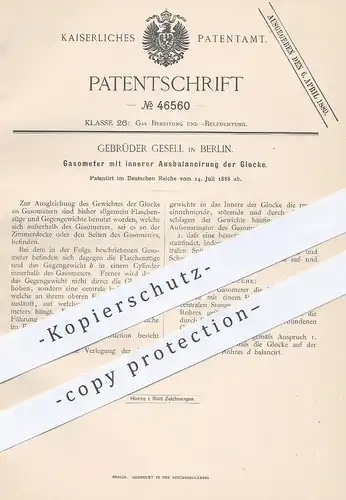 original Patent - Gebr. Gesell , Berlin , 1888 , Gasometer mit Ausbalancierung der Glocke | Gas , Kessel , Gaswerk !!